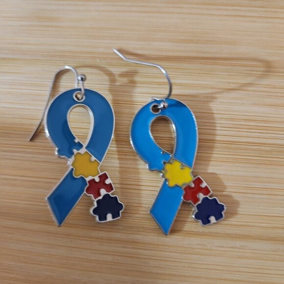 Autism Awareness Pierced Drop Earrings Ribbon Blue Yellow Red Navy 1.25" - Picture 2 of 5